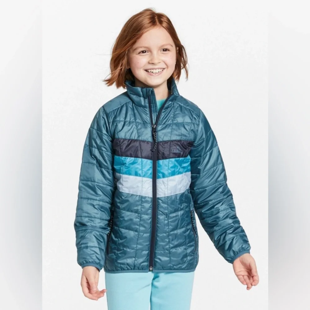 LL Bean PrimaLoft Packaway Jacket in Sail Blue Stripe, Kid’s size Medium